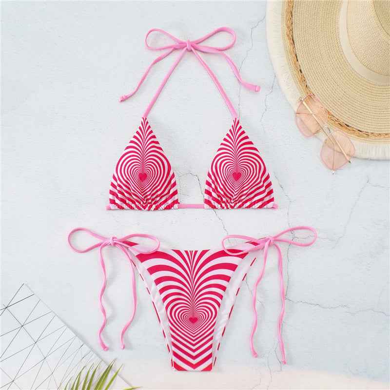 Love Wave Print Neck Buckle Halter Sexy High Waist Split Bikini Swimsuit Striped Halter Backless Bikini Beach Swimwear