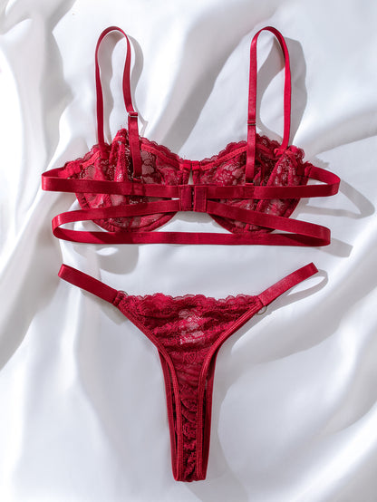 INS Internet Celebrity Lace Embroidery Mesh See through Sexy Lingerie 2 piece Set