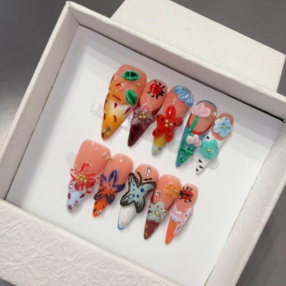 Popular Handmade Press on Nails 3D Carving French Ladybug 3D Flower