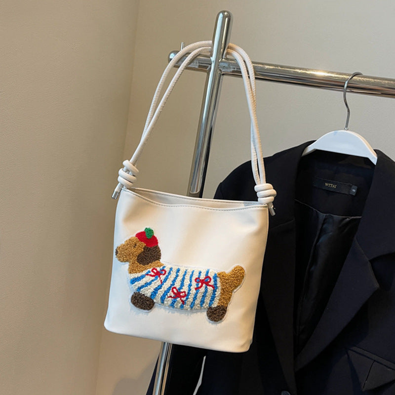 Bolso de lona con adorable estampado de cachorros - Bolso bandolera estilo cubo a la moda para estudiantes y mujeres 