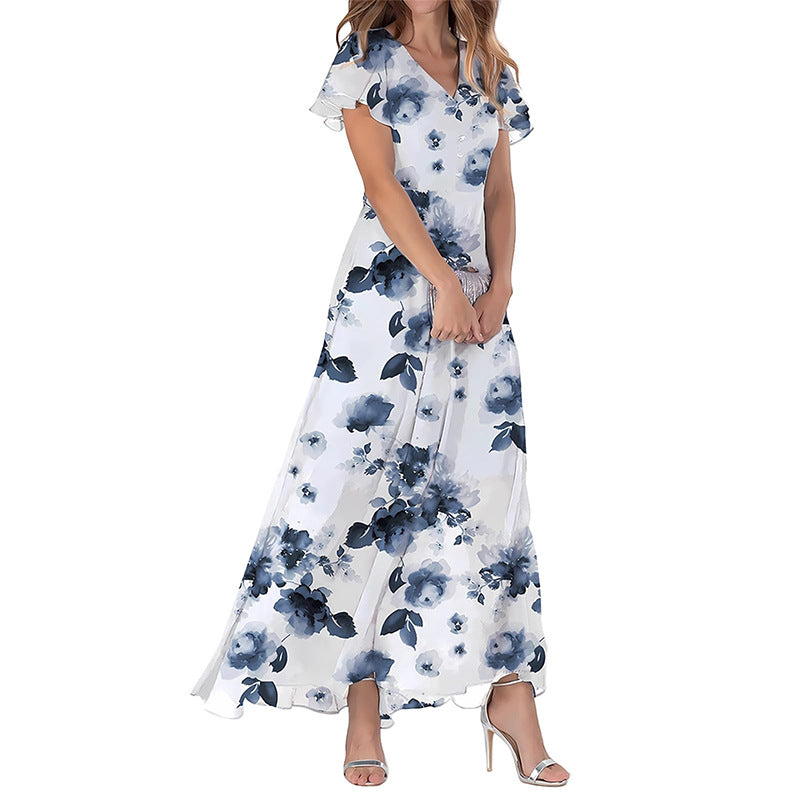 Summer Flared Maxi Dress V-Neck Short Sleeve Printed Chiffon Dress