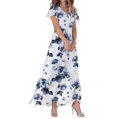 Summer Flared Maxi Dress V-Neck Short Sleeve Printed Chiffon Dress