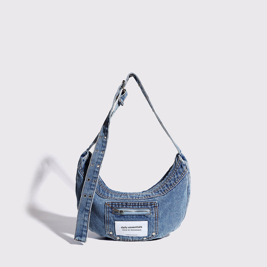 Bolso bandolera con estilo – Bolso hobo de diseño vintage con detalle de denim lavado para una elegancia cotidiana 