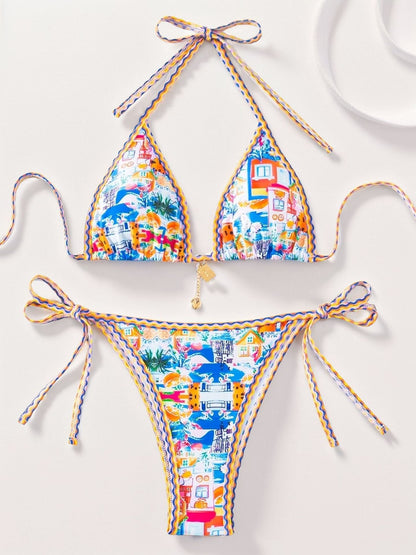 Plants Print Batwing Sleeve Bikini Set - Contrast Strap Sexy Split Swimsuit with Short Sleeve Cover -dropshippingabc.com