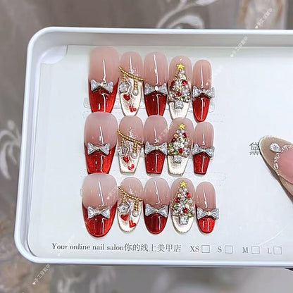 Parche para uñas con lazo de ojo de gato, diseño de circón y diamante, hecho a mano, para Navidad, rojo