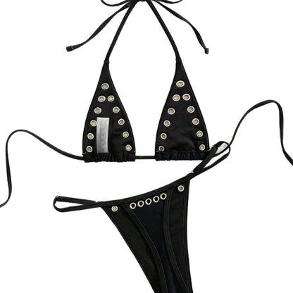 Ins Niche French Style Sexy Metal Ring Pure Desire Halterneck Retro Girl Bikini Swimsuit Set