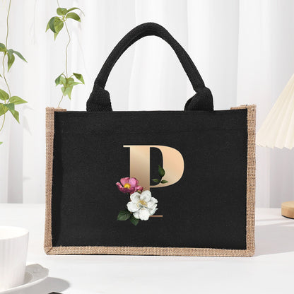 Bolsa de tela de algodón y lino, bolsa de tela con letras estampadas, bolso ligero portátil, bolsa de regalo para compras 