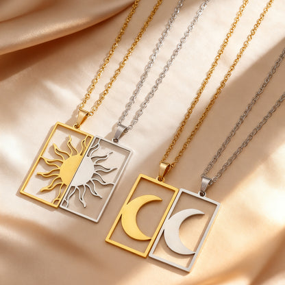 18K Gold Plated Sun Moon Hollow Geometric Square Pendant Stainless Steel Necklace