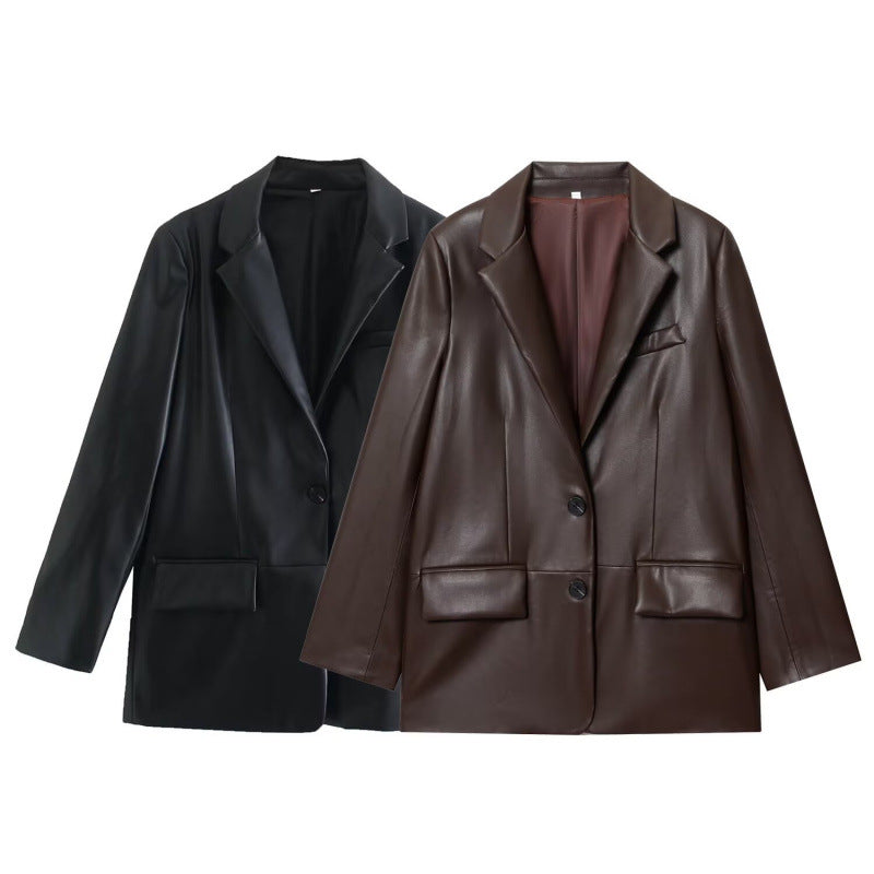 Women's Lapel Leather Blazer