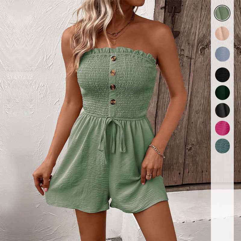 Summer Casual Vacation Solid Color Jumpsuit Design Sense Elastic Tube Top Jumpsuit Shorts Belted Wide Leg Jumpsuit With Button