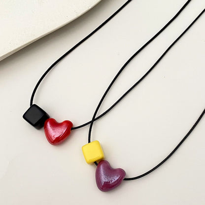Ceramic Heart & Geometric Square Necklace Women Cute Dainty Clavicle Chain