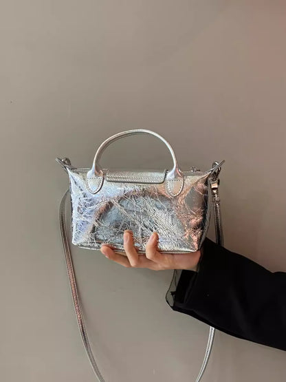 Spring and summer burst metallic mini tote bag, mini shoulder bag with crossbody strap, silver mini tote bag versatile women's bag