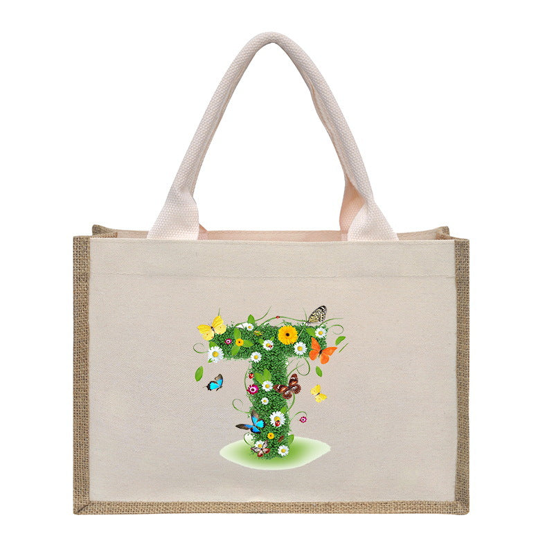 Bolsa de tela de algodón y lino, bolsa de tela con letras estampadas, bolso ligero portátil, bolsa de regalo para compras 