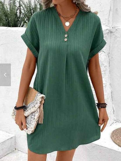 Solid Color Pullover Comfortable Casual Button Dress V-Neck Batwing Sleeve Dress