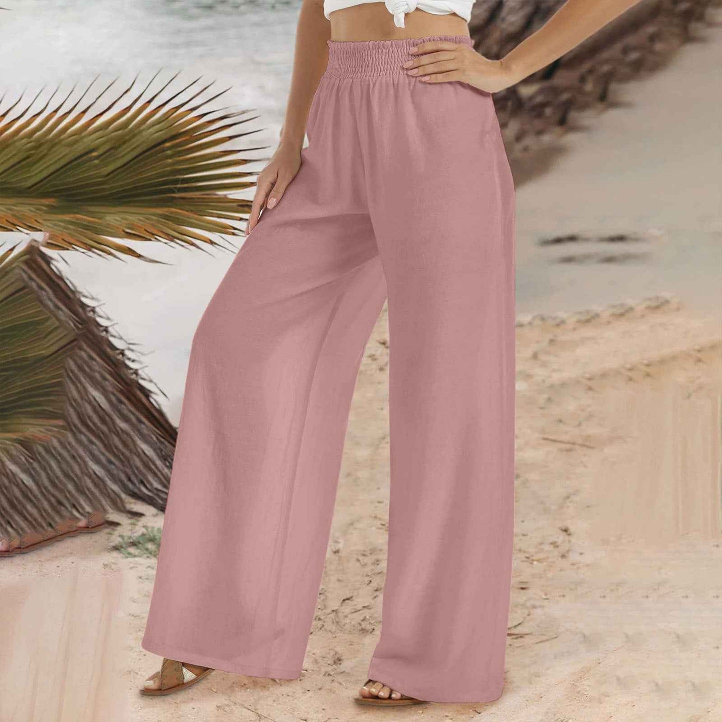 Women's Shirred Waist Wide Leg Pants