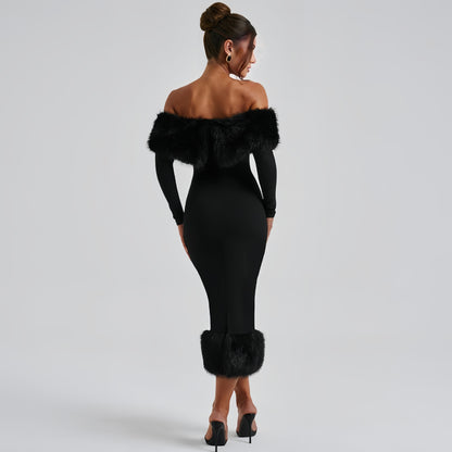 women's clothing autumn and winter fashion fur collar one-word collar long-sleeved temperament slim evening dress