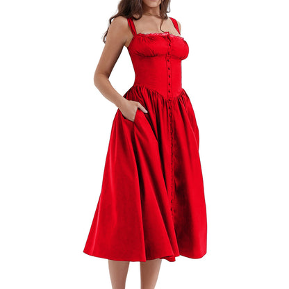 Floral Midi Corset Dress with Square Neck - Women's Smocked Lace-Up Sundress for Wedding Guest & Beach Holiday Parties -dropshippingabc.com