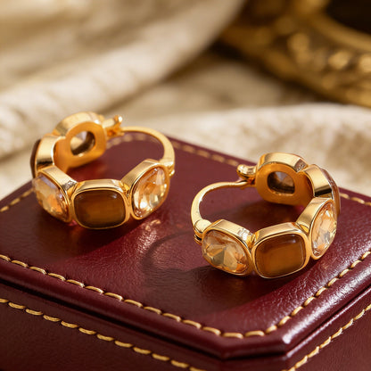 Maillard Geometric Square Coffee Crystal Circle Earrings Women Vintage Office Jewelry