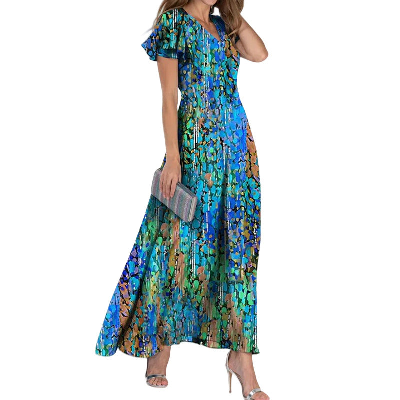 Summer Flared Maxi Dress V-Neck Short Sleeve Printed Chiffon Dress