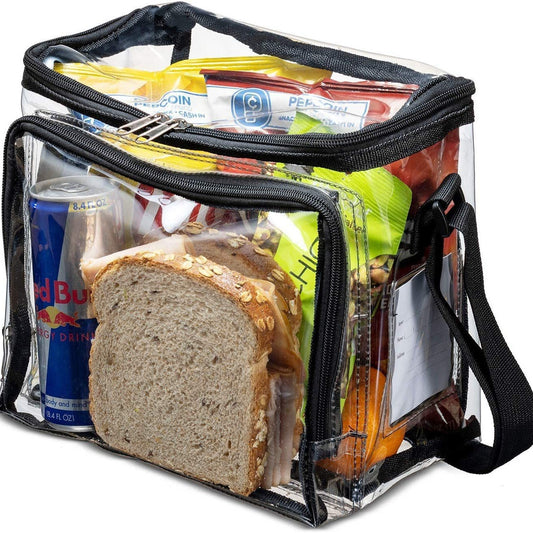 PVC clear lunch bag, adjustable strap front storage compartment mesh pocket, outdoor lunch bag with compartments