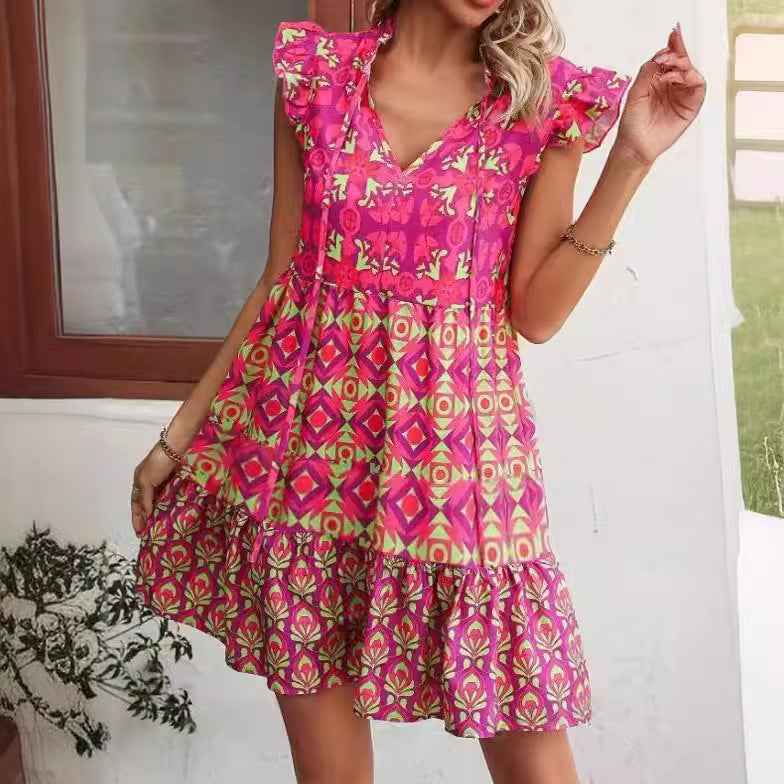 V-Neck Strap Flower Dress Cap Sleeve Printed Vacation Dress