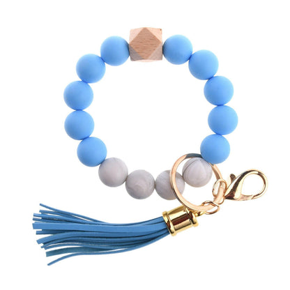 Llavero con borla de PU y cuentas de silicona para bolso, pulsera, llavero de coche, para mujeres y niñas 