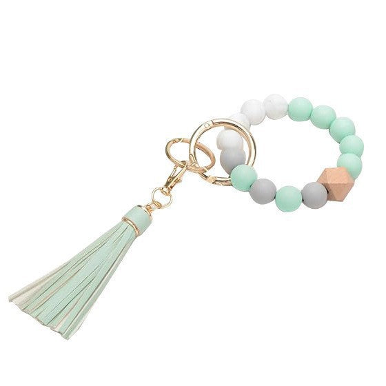 Llavero con borla de PU y cuentas de silicona para bolso, pulsera, llavero de coche, para mujeres y niñas 