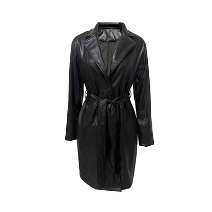 Long Leather Coat with Lapel
