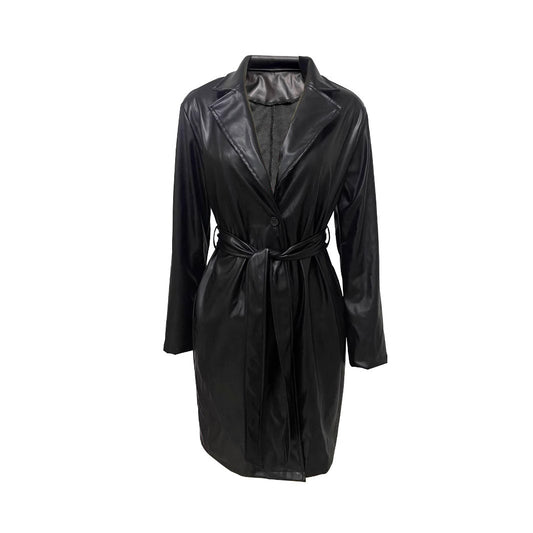 Long Leather Coat with Lapel