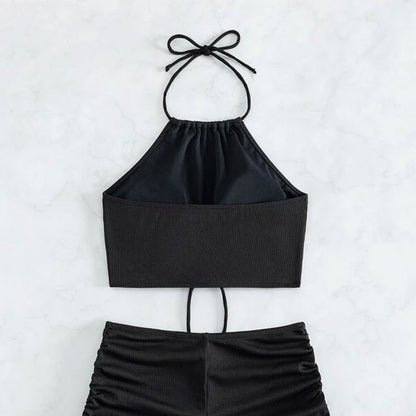Solid Color Sling Two-Piece Swimsuit Women's Square Leg Sports Beach Bikini Swimwear