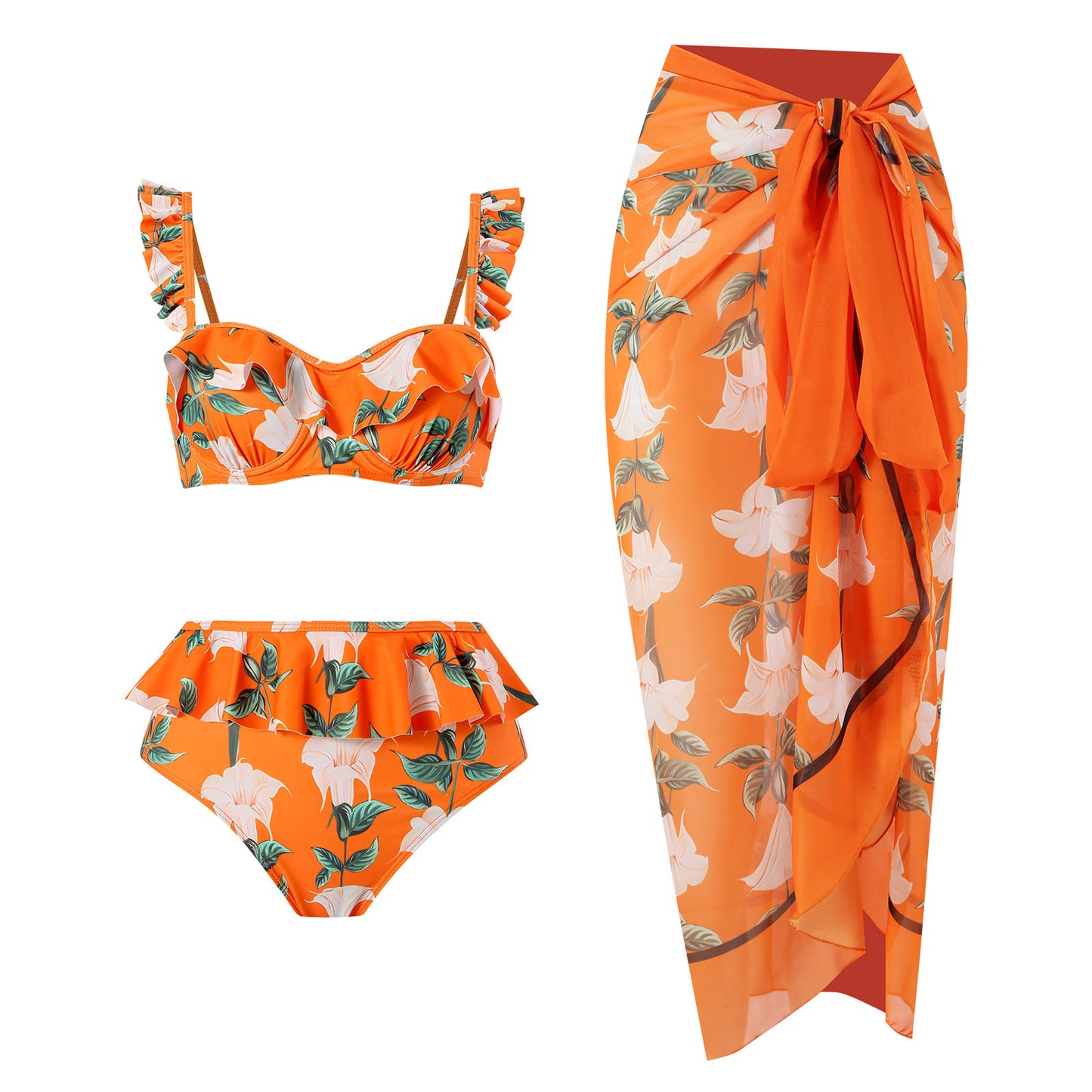 Vintage high waist split three-piece swimsuit women's bikini swimsuit chiffon beach skirt set