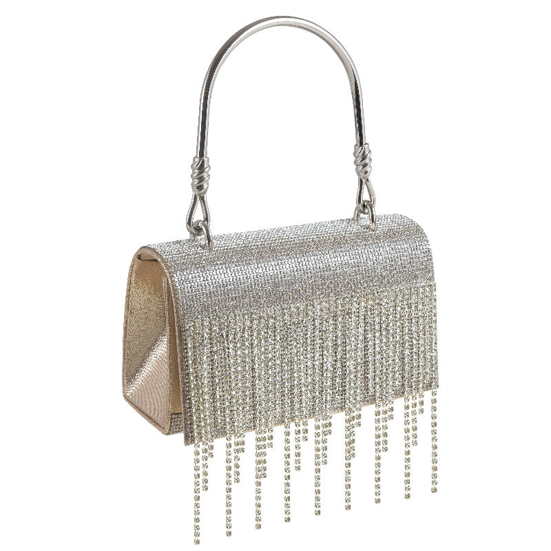 Bolso cuadrado pequeño con borla brillante y pedrería, ideal para cenas de noche, fiestas o como neceser metálico.