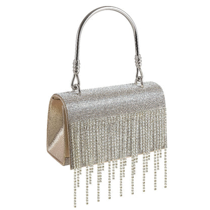 Bolso cuadrado pequeño con borla brillante y pedrería, ideal para cenas de noche, fiestas o como neceser metálico.