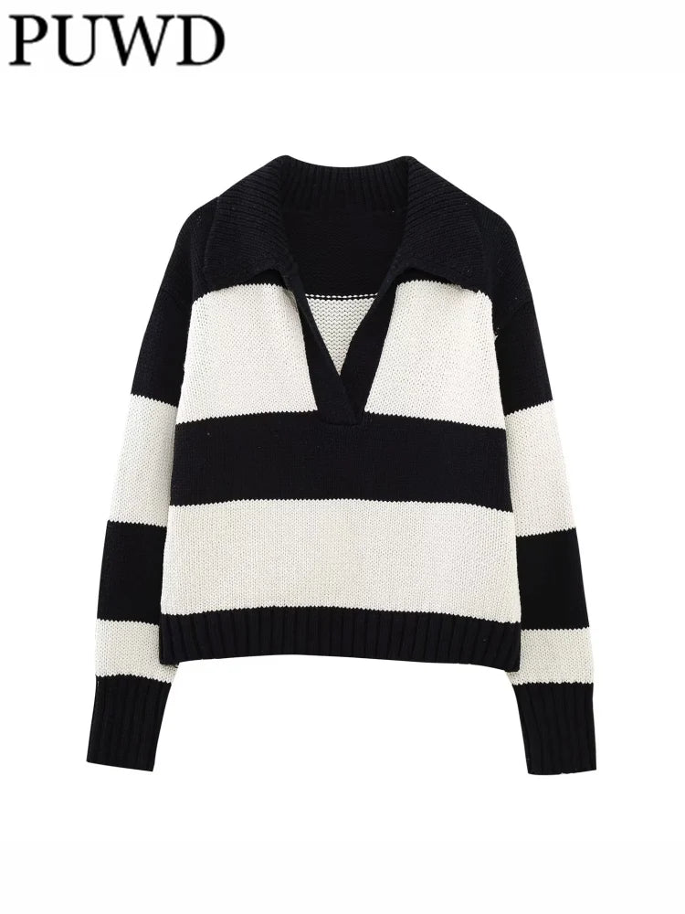 Women Fashion Black Striped Knit Sweater Spring Vintage Polo Neck Long Sleeve Female Pullovers Chic Tops