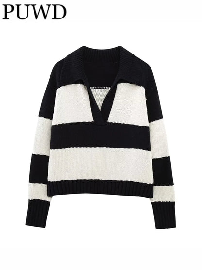 Women Fashion Black Striped Knit Sweater Spring Vintage Polo Neck Long Sleeve Female Pullovers Chic Tops
