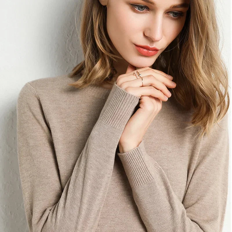 Women's Slim O-Neck Cashmere Wool Blend Sweater Trendy