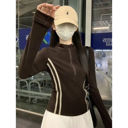 Women's Retro Short Fit Half Zip Long Sleeve T-Shirt Trendy