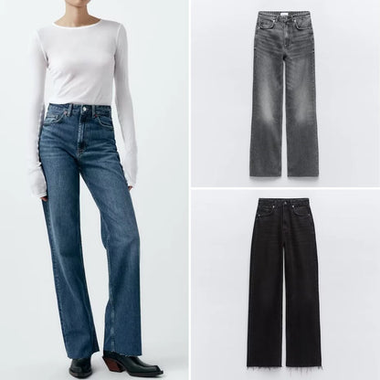 Collage of three pairs of jeans in different colors on a white background.