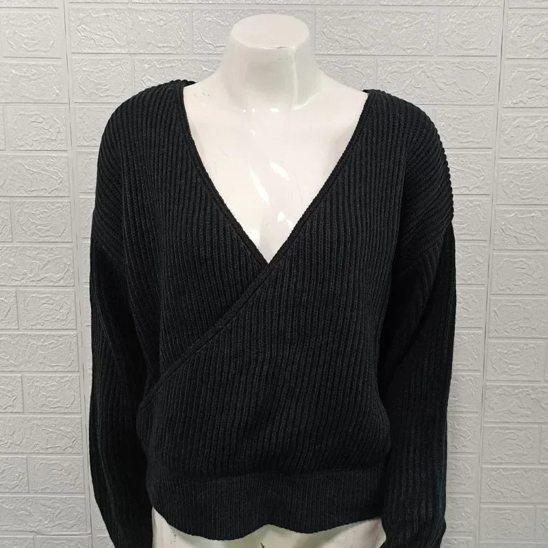 Sweater Women's Solid Color Long Sleeve Knitted Top  Autumn/Winter New V-neck Sweater Women