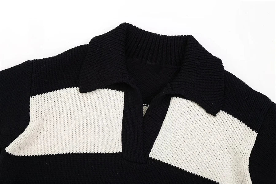 Women Fashion Black Striped Knit Sweater Spring Vintage Polo Neck Long Sleeve Female Pullovers Chic Tops