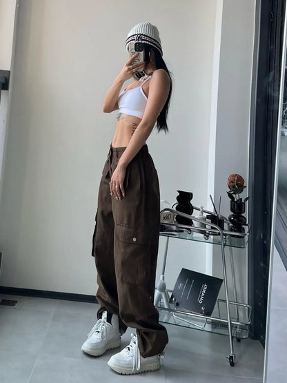 Vintage Cargo Pants Women Gyaru Brown Fashion Baggy Baddies Streetwear Hippie Trousers Casual 90s Aesthetic