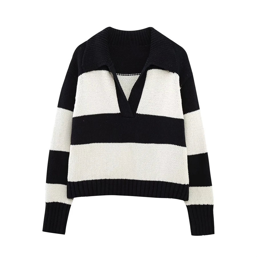 Women Fashion Black Striped Knit Sweater Spring Vintage Polo Neck Long Sleeve Female Pullovers Chic Tops