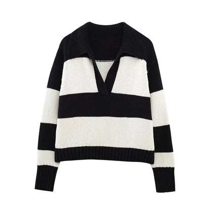 Women Fashion Black Striped Knit Sweater Spring Vintage Polo Neck Long Sleeve Female Pullovers Chic Tops