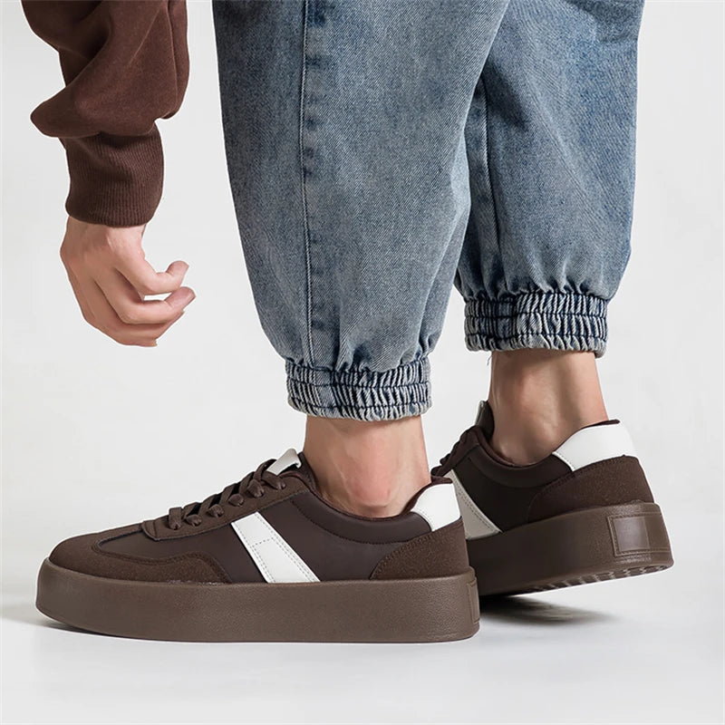 Unisex Retro Brown Leather Platform Sneakers