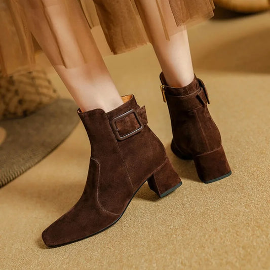 Women's Suede Ankle Booties with Block Heel