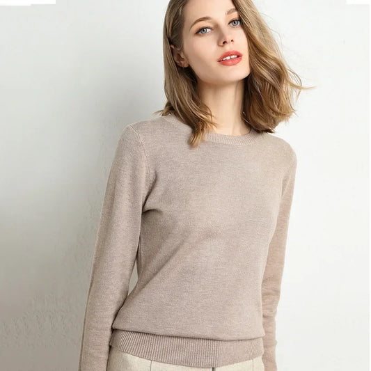 Women's Slim O-Neck Cashmere Wool Blend Sweater Trendy