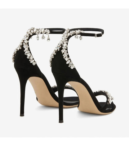 Black High Heels Women's Stiletto Heels Celebrity Style Versatile Slotted Buckle Rhinestone Open Toe Round Toe Sandals
