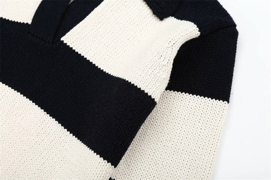 Women Fashion Black Striped Knit Sweater Spring Vintage Polo Neck Long Sleeve Female Pullovers Chic Tops