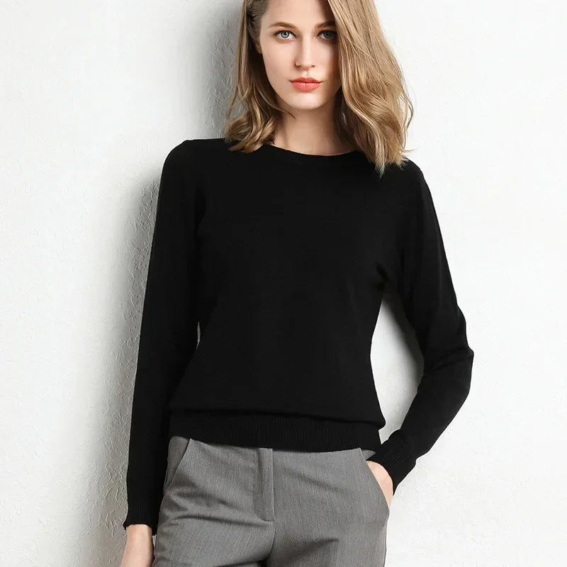 Women's Slim O-Neck Cashmere Wool Blend Sweater Trendy
