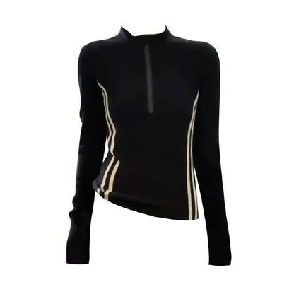 Women's Retro Short Fit Half Zip Long Sleeve T-Shirt